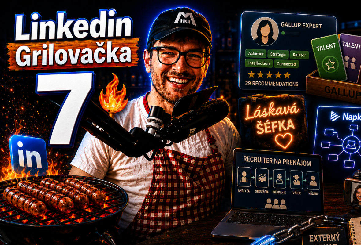 Miki Plichta pri grile s logom Linkedin a ukážkami z profilov – miniatúra 7. dielu Grilovačky o odomknutí talentov, sile skratiek a rozpoznateľnej profilovke.