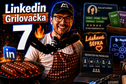 Miki Plichta pri grile s logom Linkedin a ukážkami z profilov – miniatúra 7. dielu Grilovačky o odomknutí talentov, sile skratiek a rozpoznateľnej profilovke.