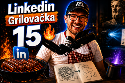 Miki Plichta pri grile s logom Linkedin a ukážkami z profilov – miniatúra 15. dielu Grilovačky o budovaní značky na Linkedin a vizuálnom storytellingu.