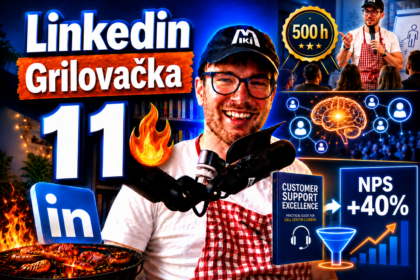 Miki Plichta pri grile s logom Linkedin a ukážkami z profilov – miniatúra 11. dielu Grilovačky o budovaní autority na Linkedin a pronoia efekte.