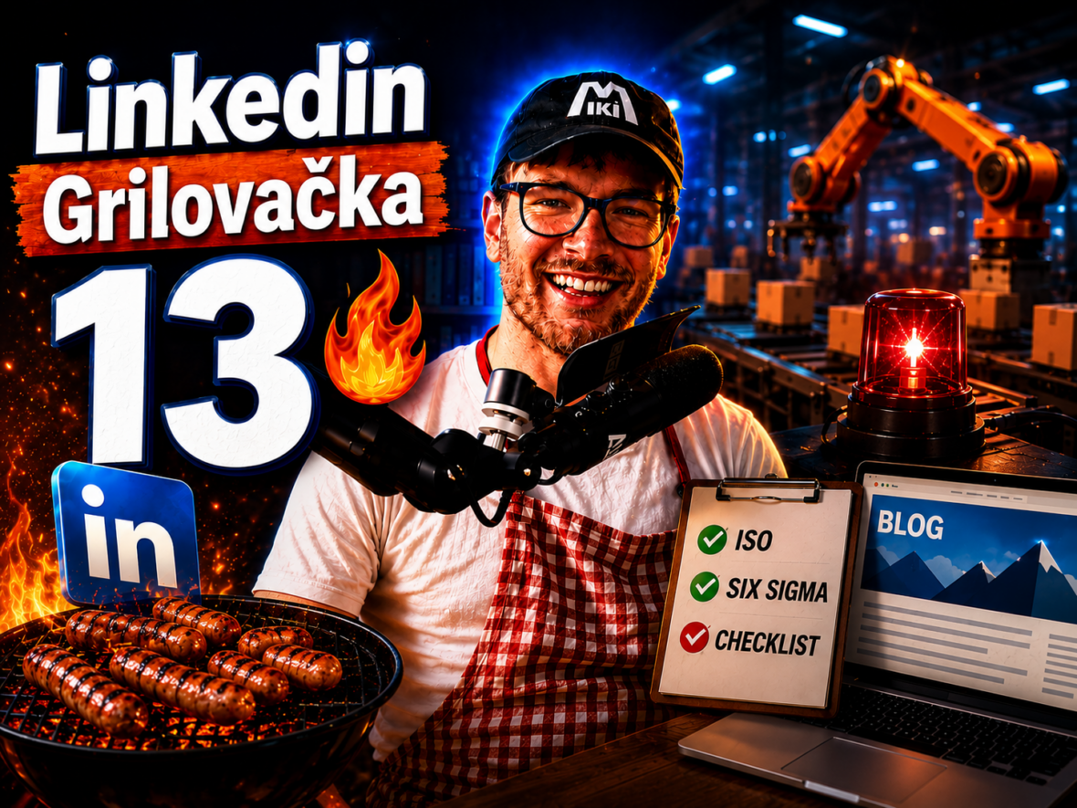 Miki Plichta pri grile s logom Linkedin a ukážkami z profilov – miniatúra 13. dielu Grilovačky o osobnej značke, corporate influencingu a AI trénerovi.