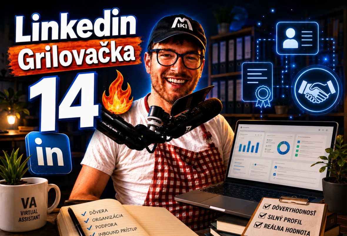 Miki Plichta pri grile s logom Linkedin a ukážkami z profilov – miniatúra 14. dielu Grilovačky o dôveryhodnosti Linkedin profilu a konkurencii voči AI.