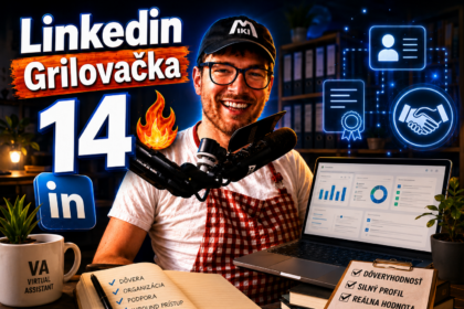 Miki Plichta pri grile s logom Linkedin a ukážkami z profilov – miniatúra 14. dielu Grilovačky o dôveryhodnosti Linkedin profilu a konkurencii voči AI.