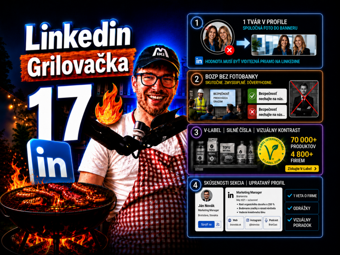 Miki Plichta pri grile s logom Linkedin a štyri ukážky zo 17. dielu Grilovačky: dvojitá profilová fotka na Linkedin, zákaz fotobánk, vizuálny kontrast s V-Label a upratná sekcia Experience.