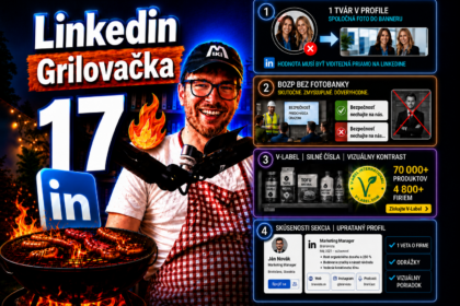 Miki Plichta pri grile s logom Linkedin a štyri ukážky zo 17. dielu Grilovačky: dvojitá profilová fotka na Linkedin, zákaz fotobánk, vizuálny kontrast s V-Label a upratná sekcia Experience.