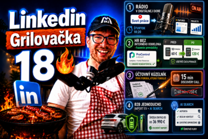 Miki Plichta pri grile s logom Linkedin a ukážkami z profilov – miniatúra 18. dielu Grilovačky o AI vyhľadávaní na Linkedin a kredibilite profilu.