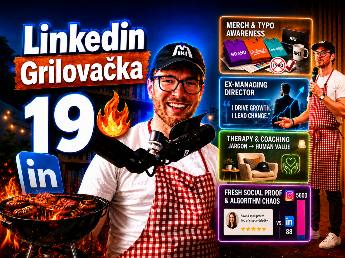 Miki Plichta pri grile s logom Linkedin a ukážkami z profilov – miniatúra 19. dielu Grilovačky o silnej Linkedin hlavičke, preklepoch a fintičke ex-značky.