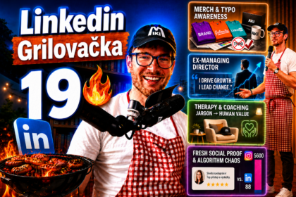 Miki Plichta pri grile s logom Linkedin a ukážkami z profilov – miniatúra 19. dielu Grilovačky o silnej Linkedin hlavičke, preklepoch a fintičke ex-značky.