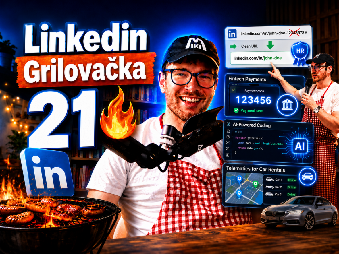Miki Plichta pri grile s logom Linkedin a ukážkami z profilov – miniatúra 21. dielu Grilovačky o úprave Linkedin profilu, URL adresách a stock fotkách.