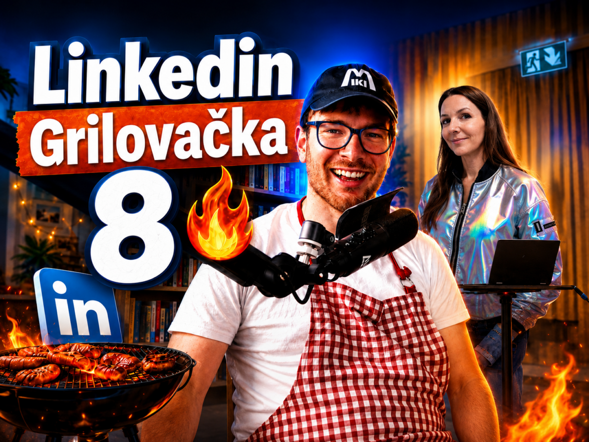 Miki Plichta pri grile s logom Linkedin a ukážkami z profilov – miniatúra 8. dielu Grilovačky o virálnom obsahu a konferencii Linkedin Underground.