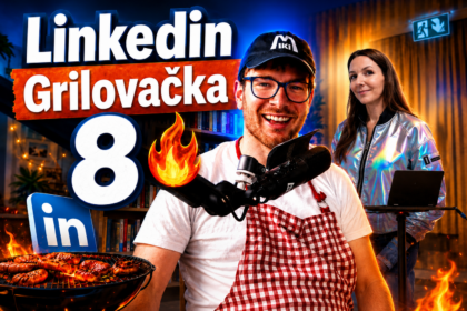 Miki Plichta pri grile s logom Linkedin a ukážkami z profilov – miniatúra 8. dielu Grilovačky o virálnom obsahu a konferencii Linkedin Underground.