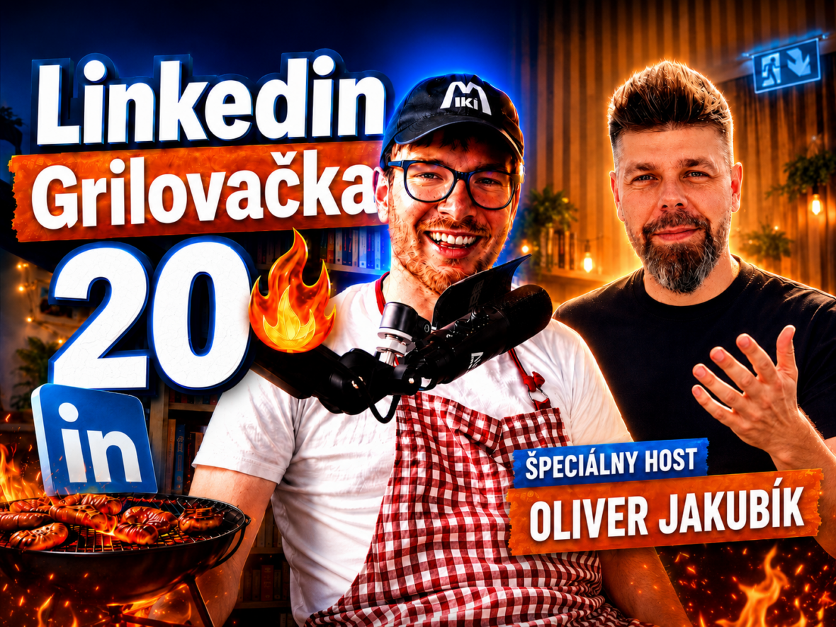 Miki Plichta pri grile s logom Linkedin a ukážkami z profilov – miniatúra 20. dielu Grilovačky o osobnej značke na Linkedin s hosťom Oliverom Jakubíkom.