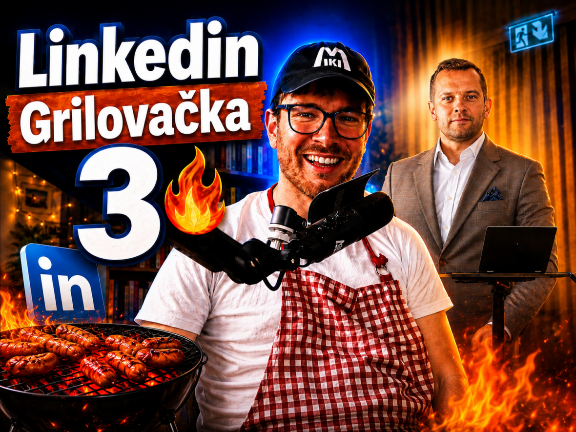 Miki Plichta pri grile s logom Linkedin a ukážkami z profilov – miniatúra 3. dielu Grilovačky o montérkovom rozume s hosťom Ferom Baníkom a psychológii prvého dojmu.