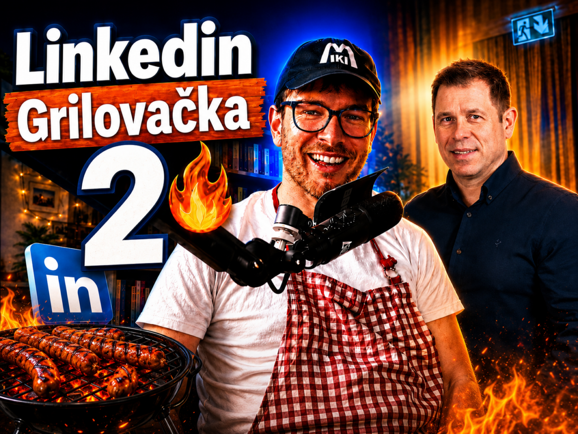 Miki Plichta pri grile s logom Linkedin a ukážkami z profilov – miniatúra 2. dielu Grilovačky o triptychu v banneri a guľôčkovom copywritingu s hosťom Petrom Schmiedlom.