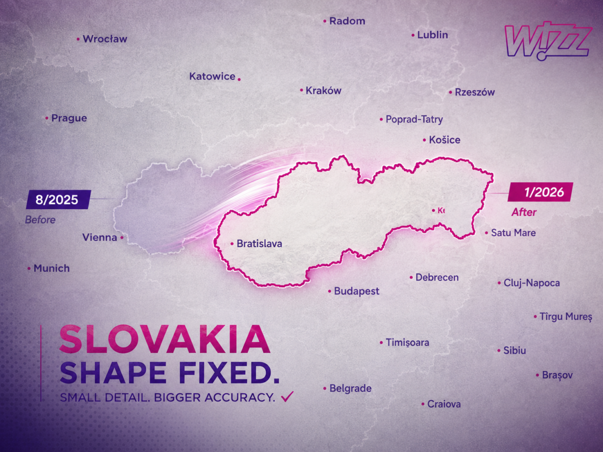 Mapa z Wizz Magazine s opraveným obrysom Slovenska a nápisom Slovakia shape fixed