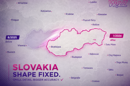 Mapa z Wizz Magazine s opraveným obrysom Slovenska a nápisom Slovakia shape fixed