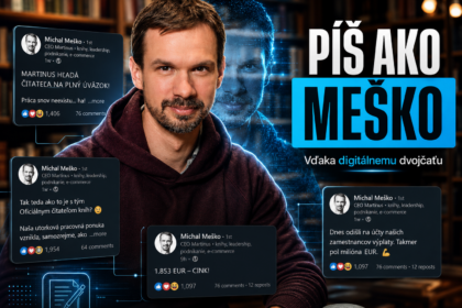 Tmavá grafika Píš ako Meško – AI dvojča, ktoré píše Linkedin statusy v štýle Michala Meška