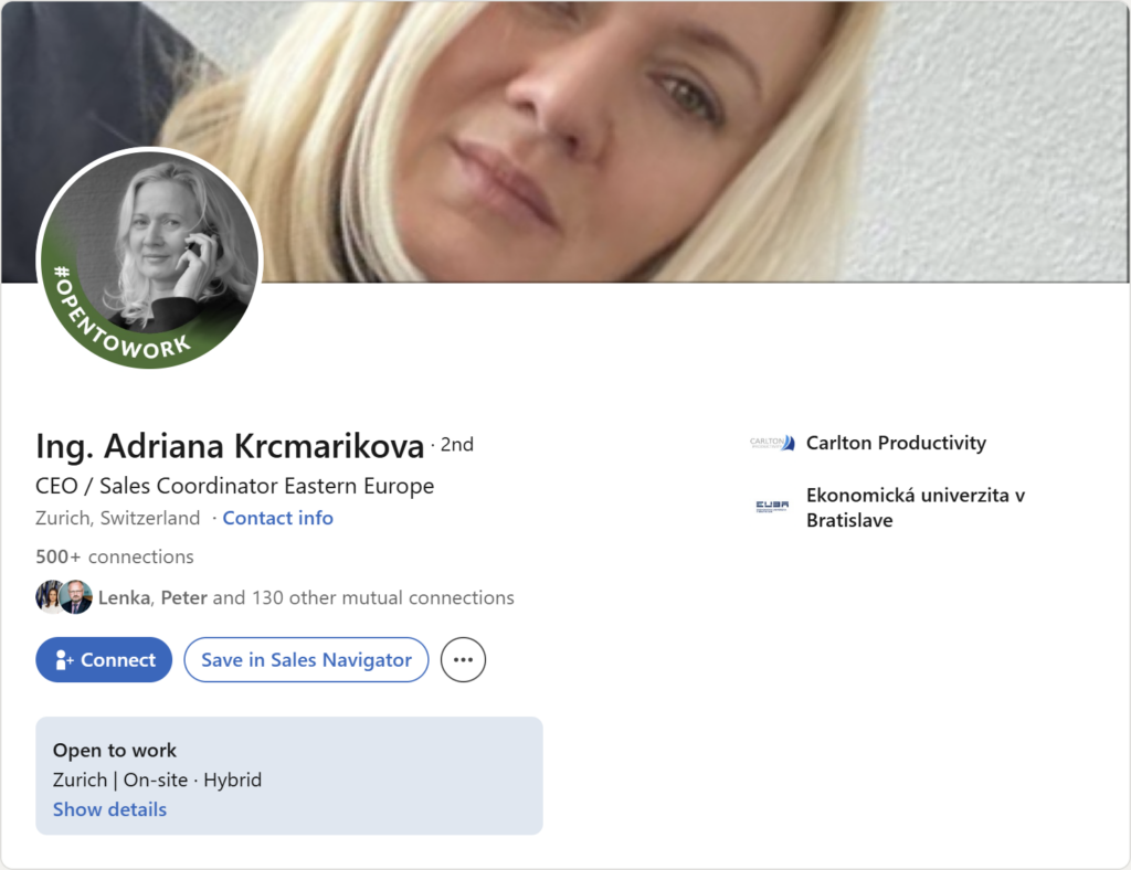Prvá impresia Linkedin profilu – Adriana Krcmarikova