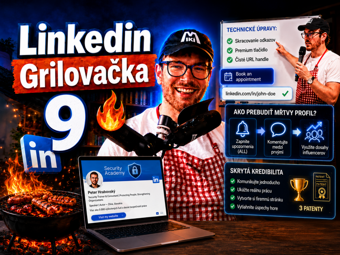 Miki Plichta pri grile s logom Linkedin a ukážkami z profilov – miniatúra 9. dielu Grilovačky o prémiových funkciách Linkedin a magnetizme profilu.