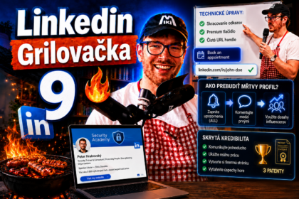 Miki Plichta pri grile s logom Linkedin a ukážkami z profilov – miniatúra 9. dielu Grilovačky o prémiových funkciách Linkedin a magnetizme profilu.