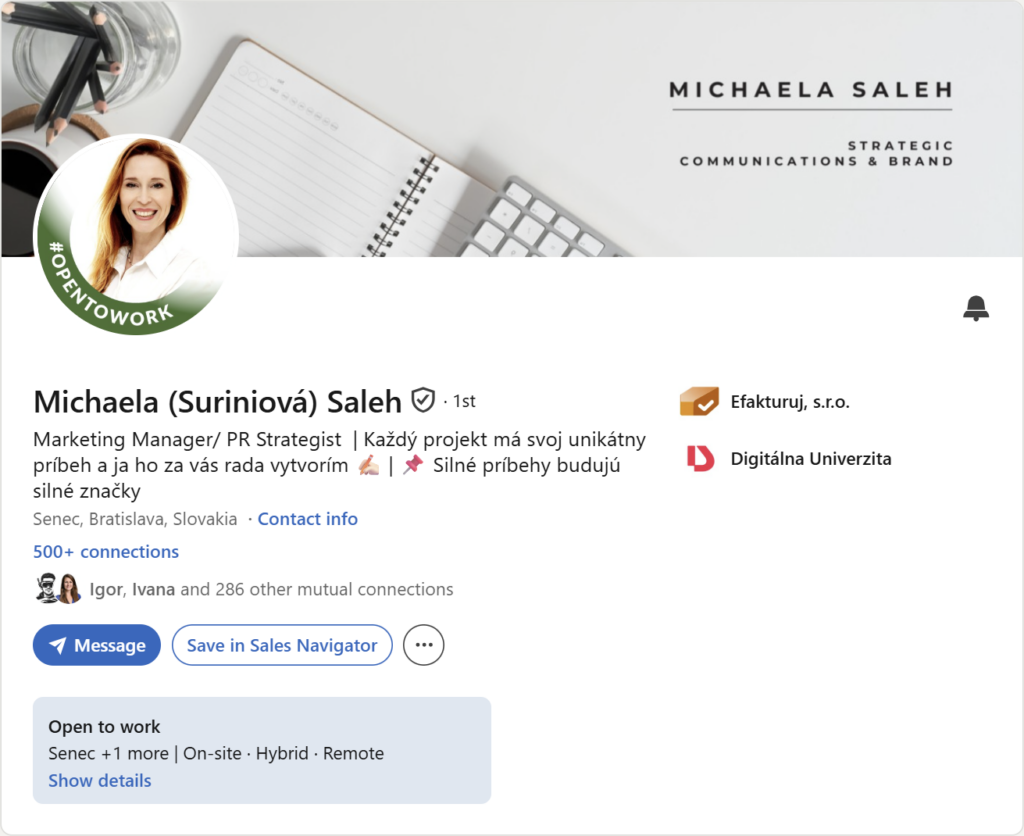 Prvá impresia Linkedin profilu – Michaela Saleh