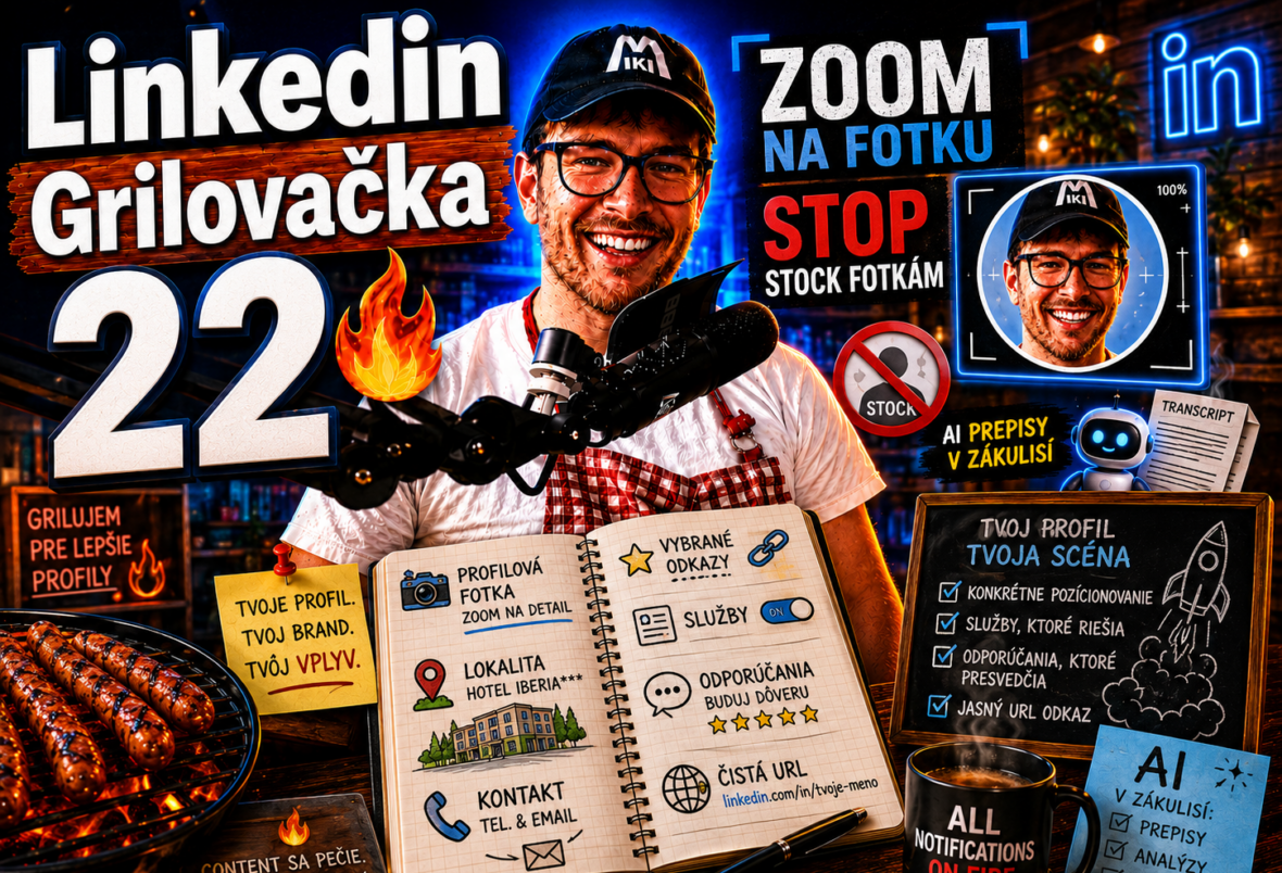 Miki v grilovacej zástere pri mikrofóne – Linkedin Grilovačka 22 s témami zoom na fotku, stop stock fotkám a AI prepisy v zákulisí