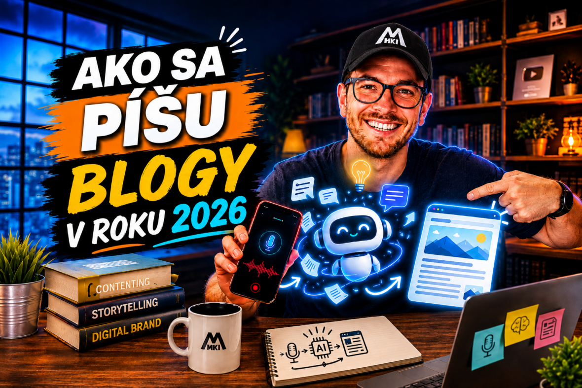 Miki Plichta® drží mobil s hlasovým záznamníkom, vedľa neho AI robot a rozpísaný blog