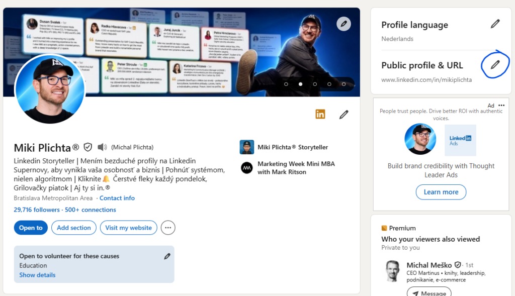 Linkedin profil s ceruzkou pri Public profile a URL v pravom stĺpci