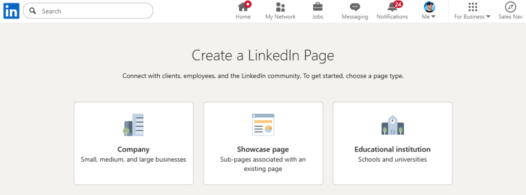 Výber typu Linkedin stránky: Company, Showcase page alebo Educational institution
