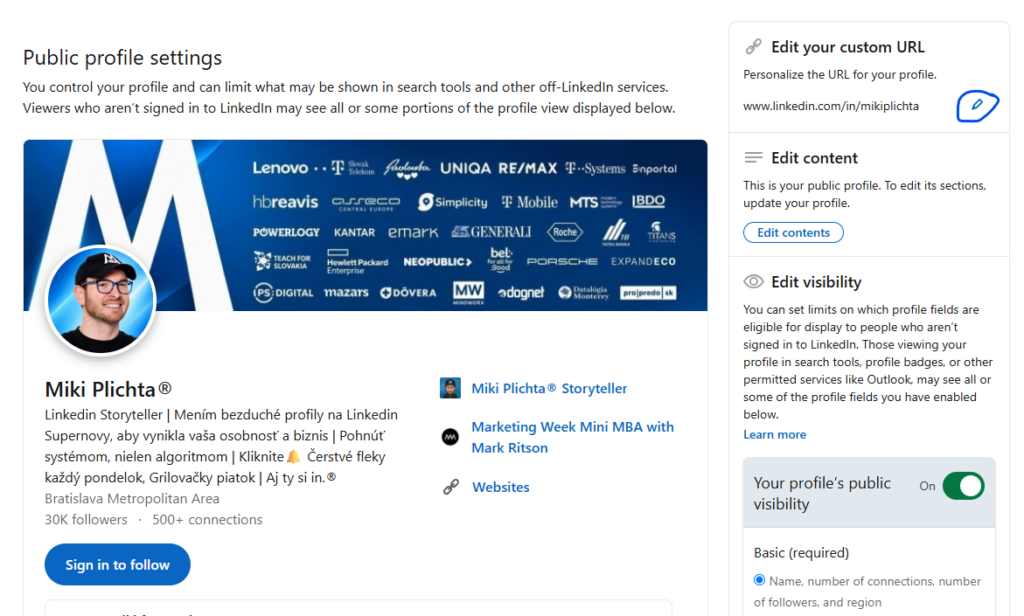 Nastavenia verejného profilu na Linkedine s voľbou Edit your custom URL