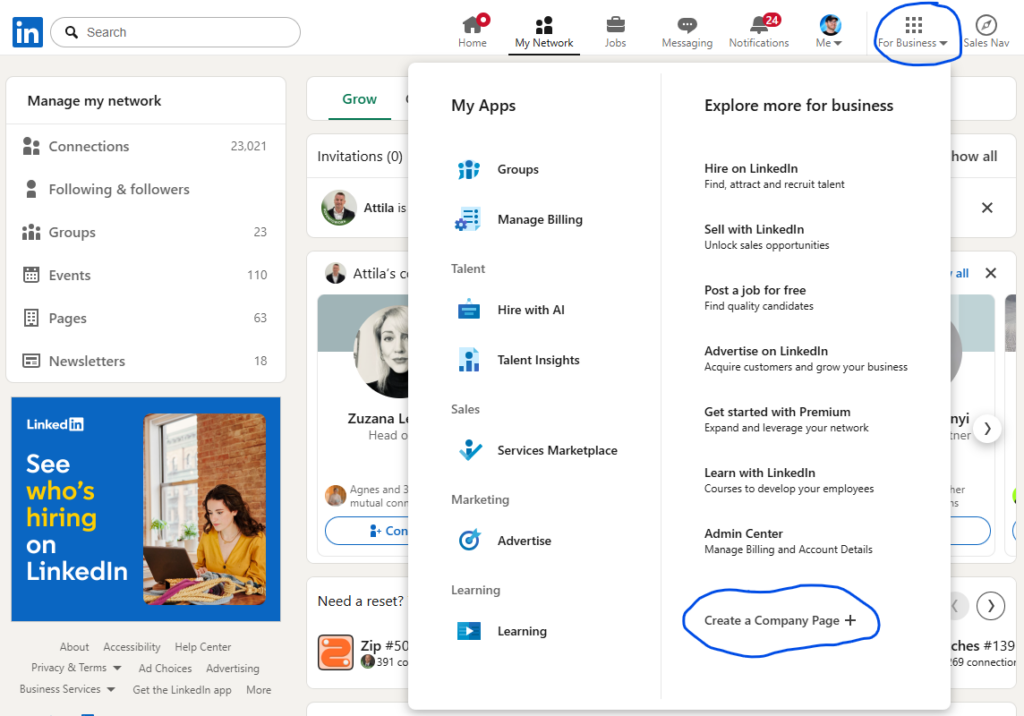 Menu For Business na Linkedine s voľbou Create a Company Page