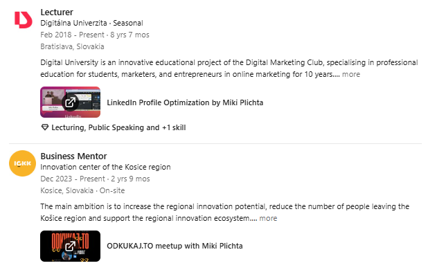 Sekcia Experience na Linkedin profile s jedným odkazom pri každej pozícii