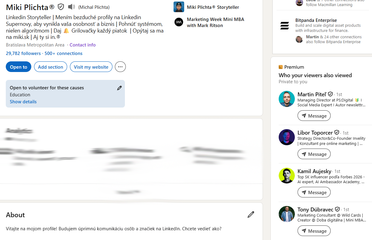 Linkedin profil s pravým stĺpcom Who your viewers also viewed