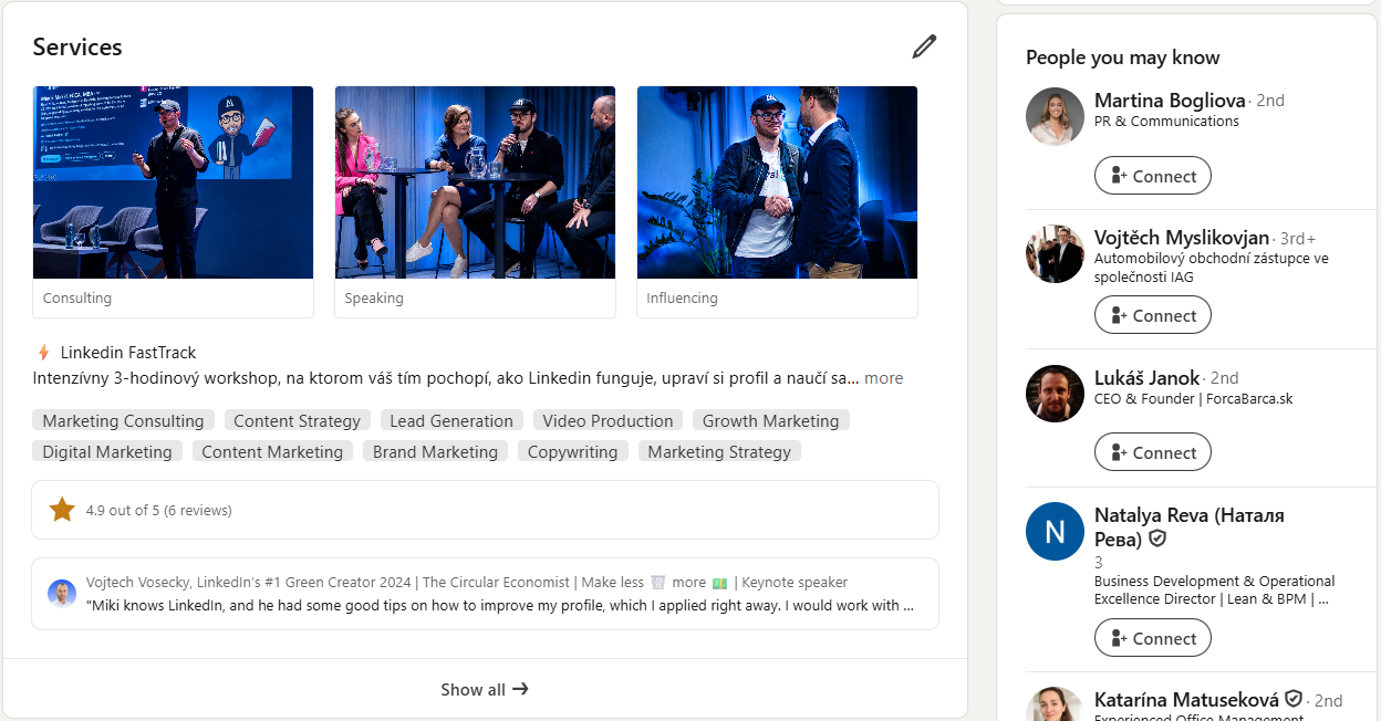 Sekcia Services na Linkedin profile a vedľa nej odporúčania People you may know