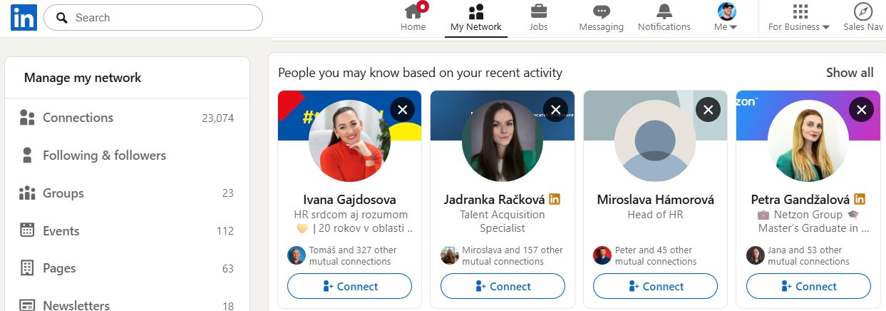 Sekcia My Network na Linkedine s odporúčaniami People you may know based on your recent activity
