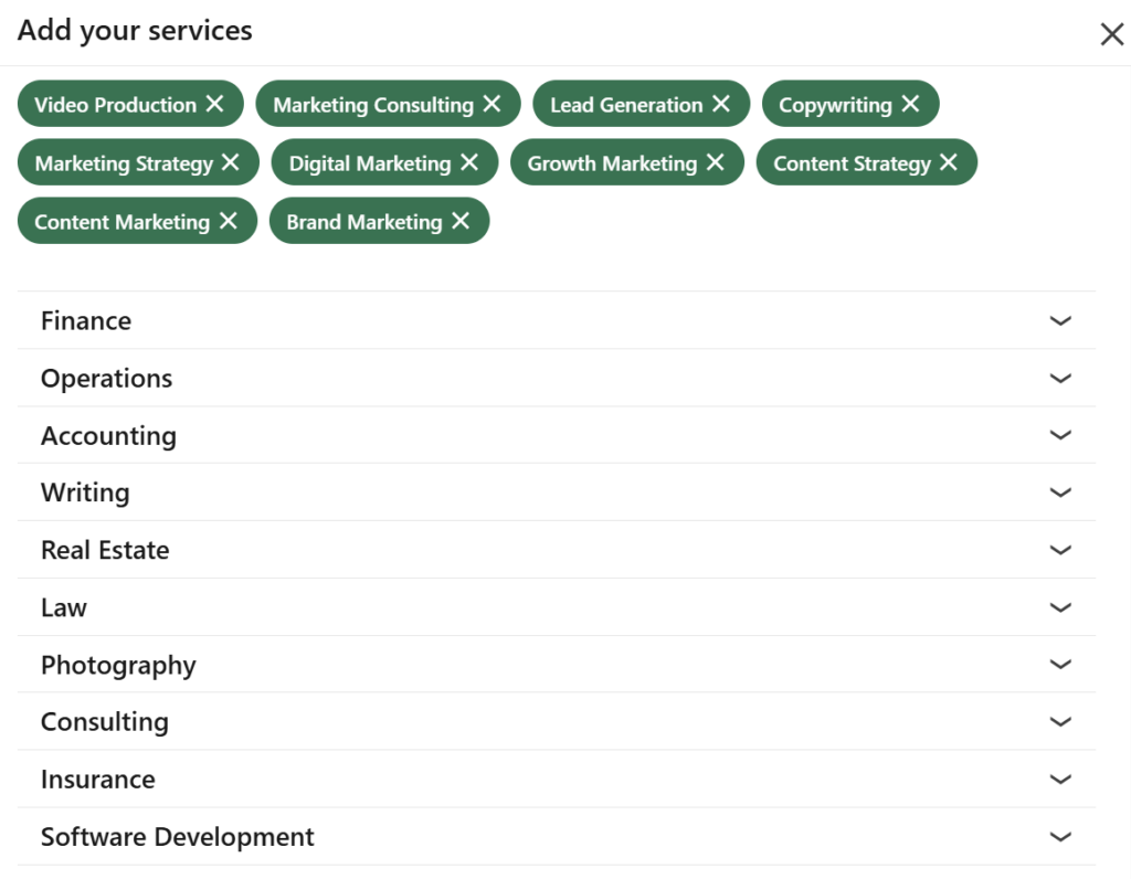 Dialóg Add your services na Linkedine s vybranými kategóriami služieb