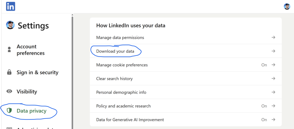 Nastavenia Linkedinu so zvýraznenou sekciou Data privacy a voľbou Download your data