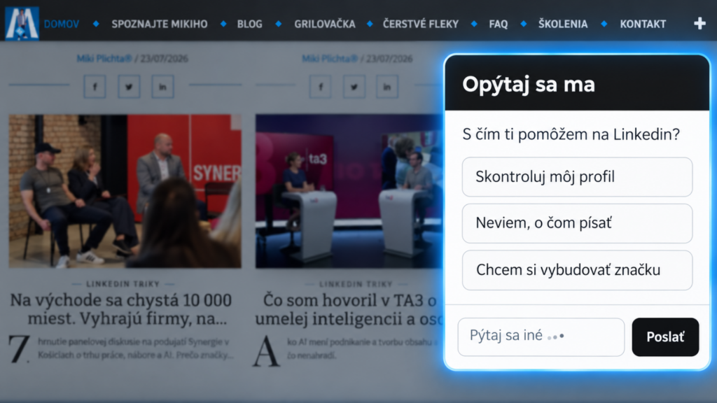 Čet Opýtaj sa ma na webe miki.sk s tromi cestami: skontroluj môj profil, neviem o čom písať, chcem si vybudovať značku